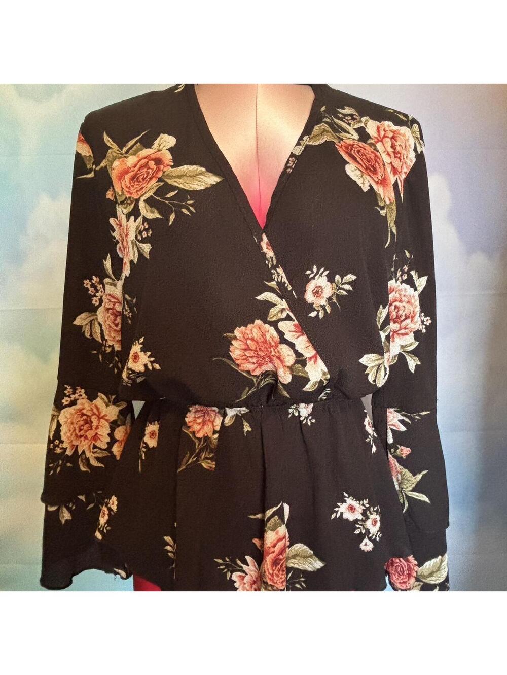 Black Floral Choker Neck Blouse with Bell Sleeves – Size S - Picture 3 of 8